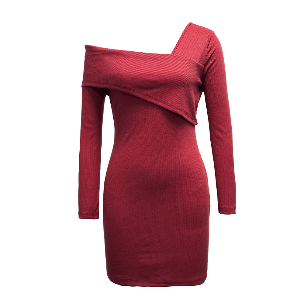Damen Mini-Kleid Asymmetrischer Ausschnitt Langer Ärmel Eveloria