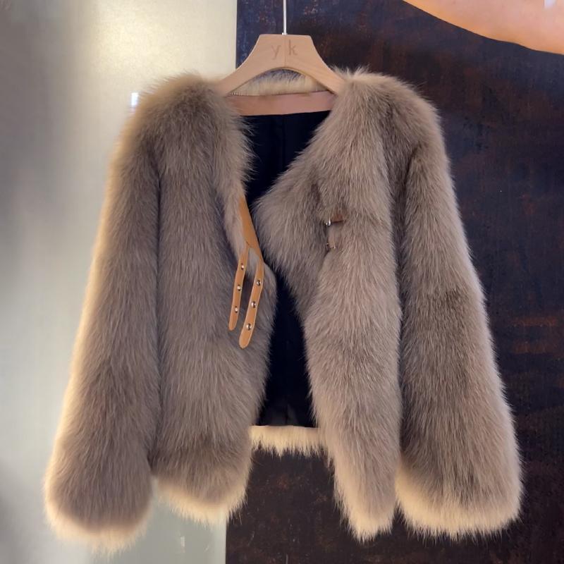 Damen Kunstfelljacke Elegant Schnitt Dekorative Schnallen