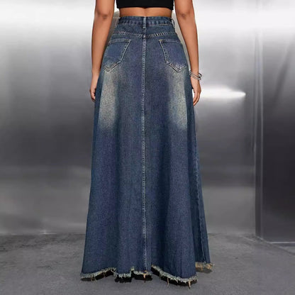 Damen Jeans Maxirock Hohetaille Fransensaum Darkblue Eveloria