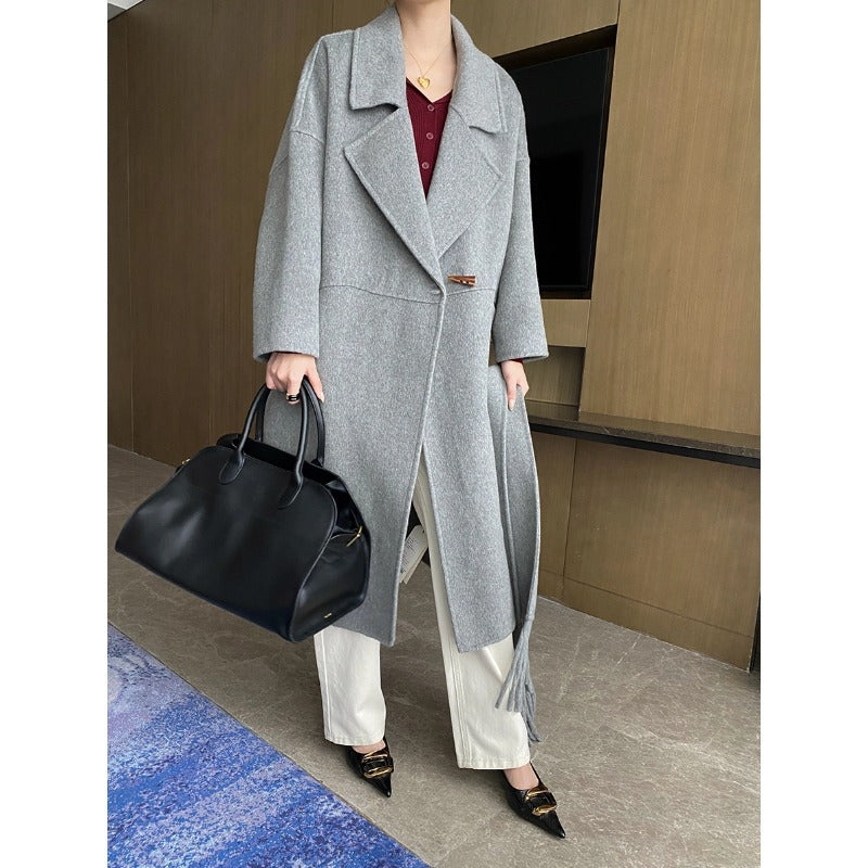 Damen Oversized-Mantel Fransen Tiefkragen Eveloria