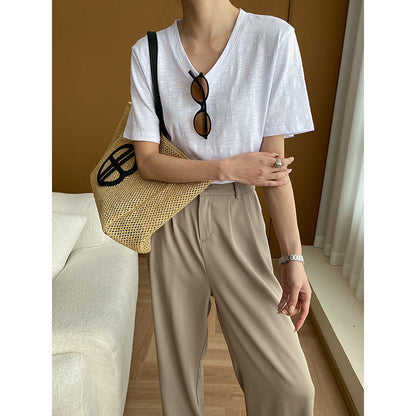 Damen T-Shirt V-Ausschnitt Weiches Material Beige