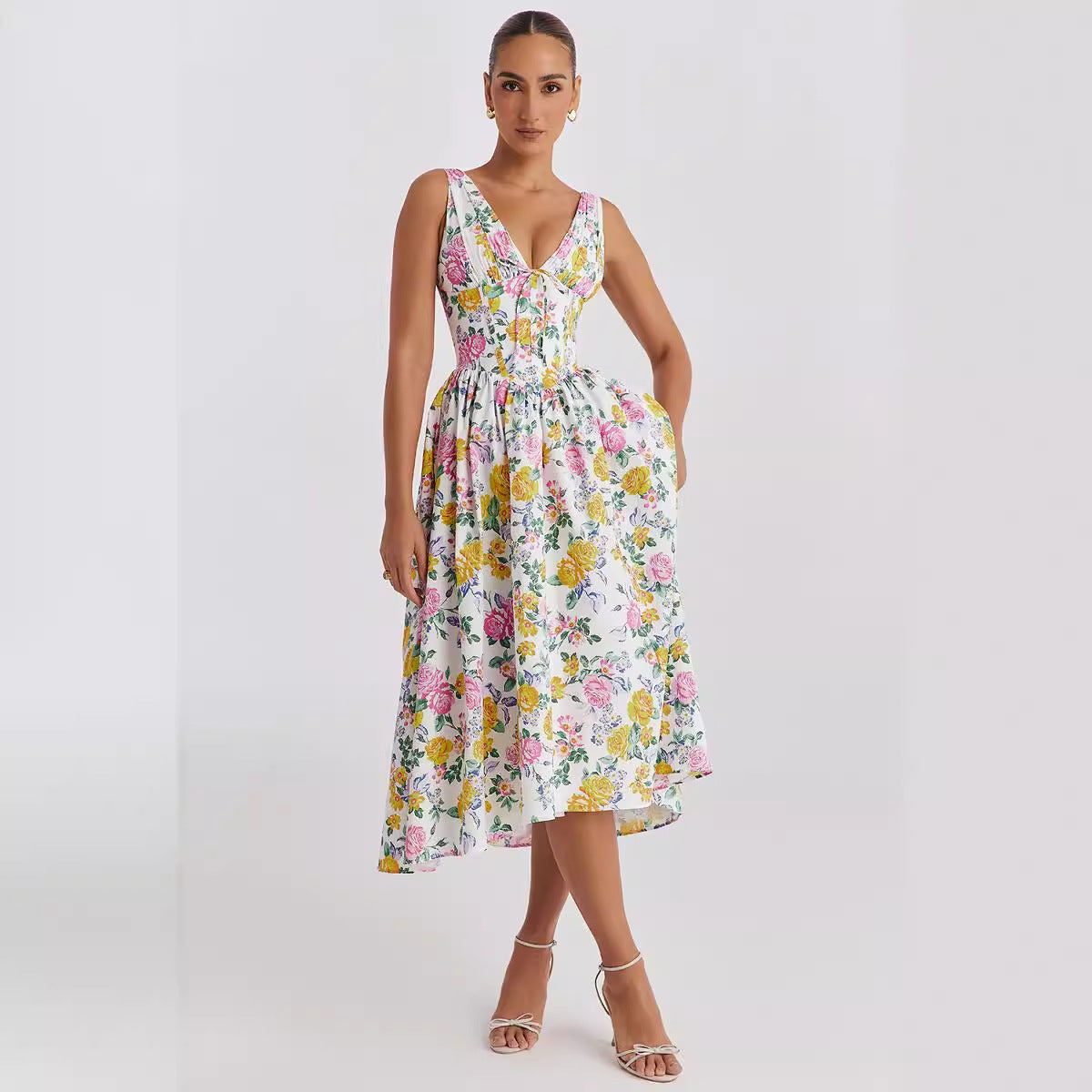 Damen Midikleid Floralmuster V-Ausschnitt Eveloria