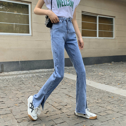 Damen Hochtaillierte Denimhose Seitenschlitze Blau Eveloria