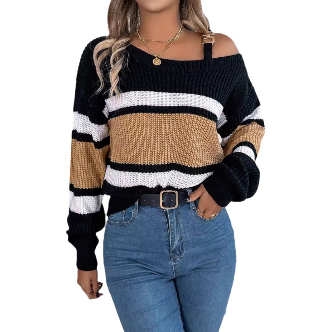 Damen Off-Shoulder Pullover Streifen Modischer Träger