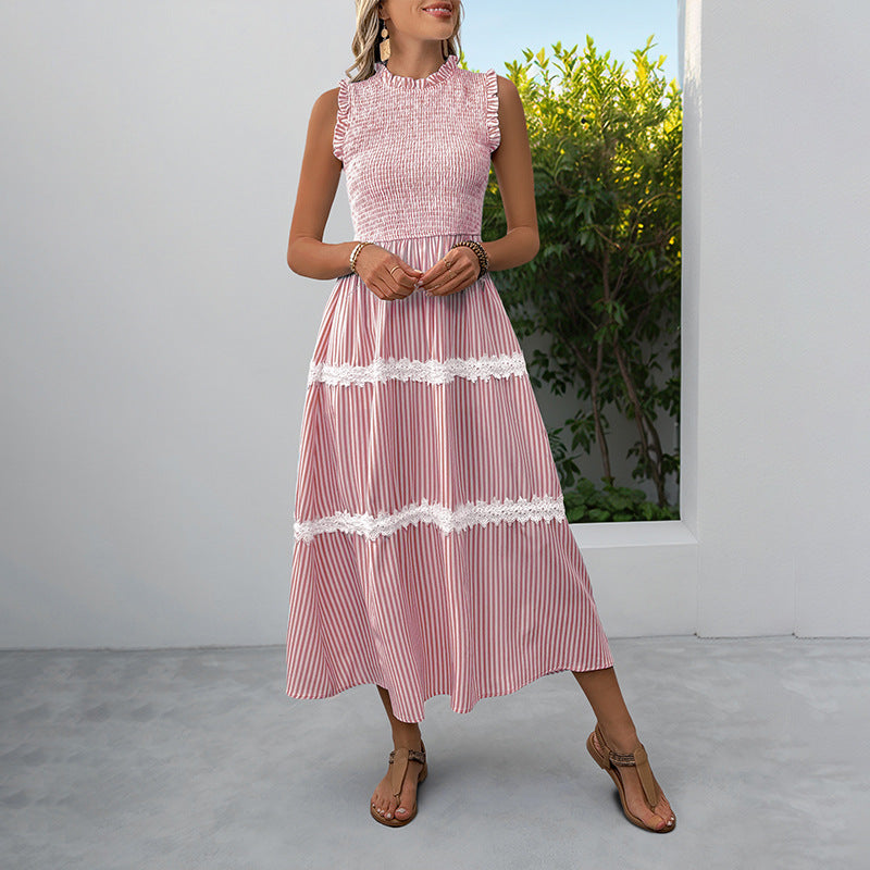 Damen Maxikleid Gestreift Voluminöse Rüschen Weiss