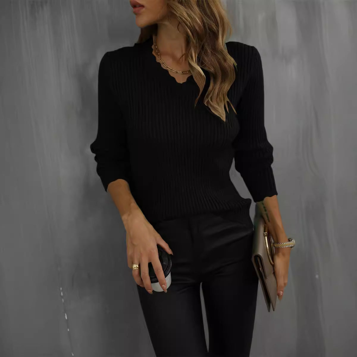 Damen Pullover V-Ausschnitt Rippenmuster Wellenkante