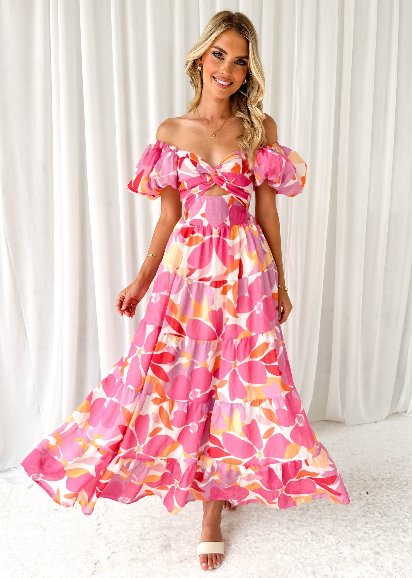 Damen Maxikleid Schulterfreies Design Puffärmel Eveloria