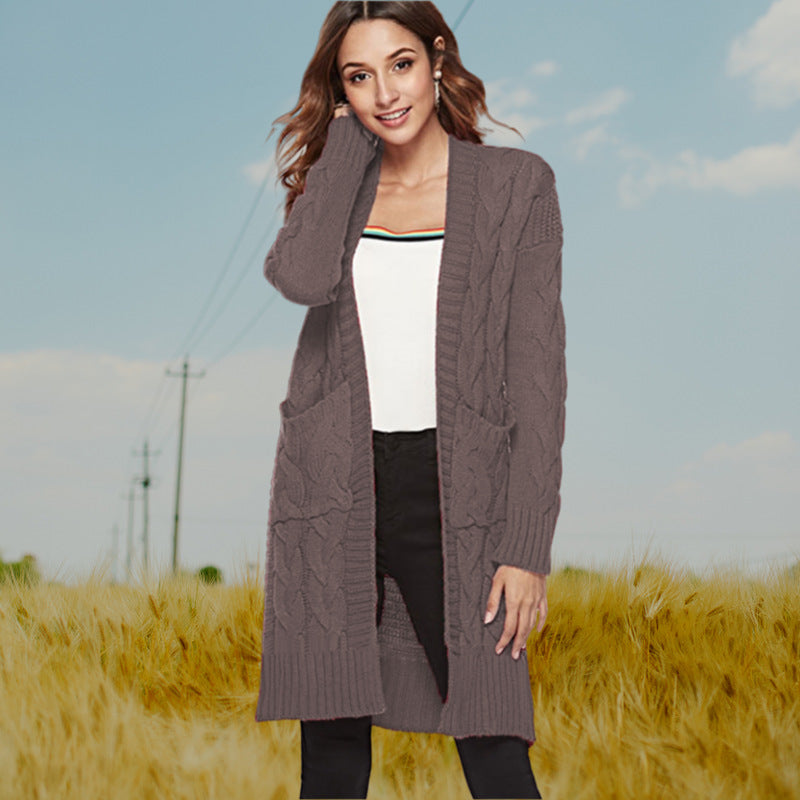Damen Cardigan Grobstrick Zopfmuster Beige mit Taschen