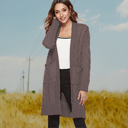 Damen Cardigan Grobstrick Zopfmuster Beige mit Taschen