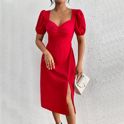Damen Midi-Kleid Puffärmel Seitenriss Eveloria