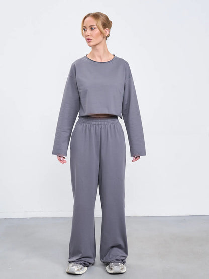 Damen Sweatshirt Set Komfortabel Cropped mit Jogginghose Grau