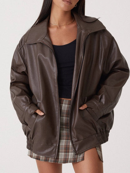 Damen Lederjacke Lässig Großer Kragen Eveloria