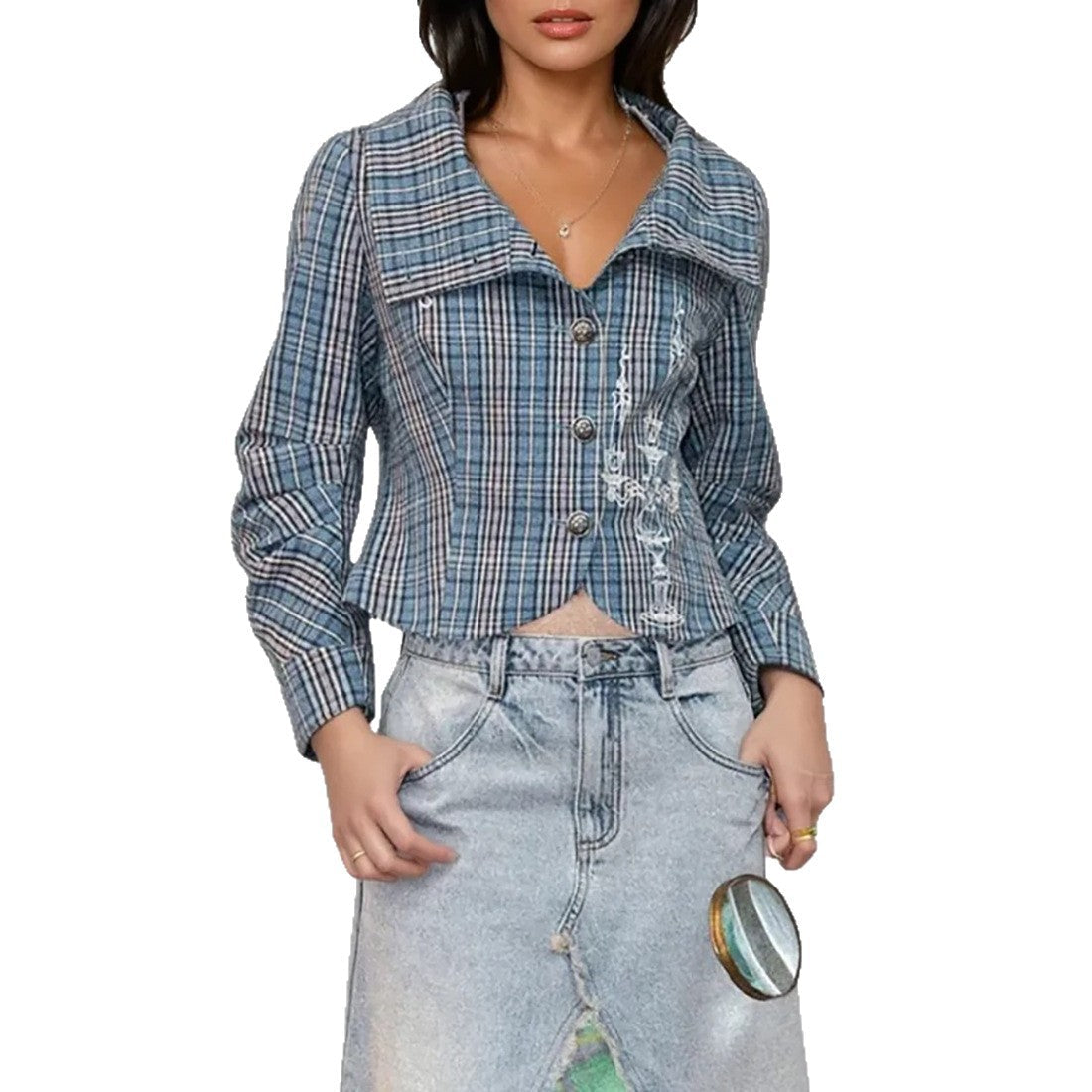 Damen Kurzjacke Kariert Mit Knöpfen Eveloria