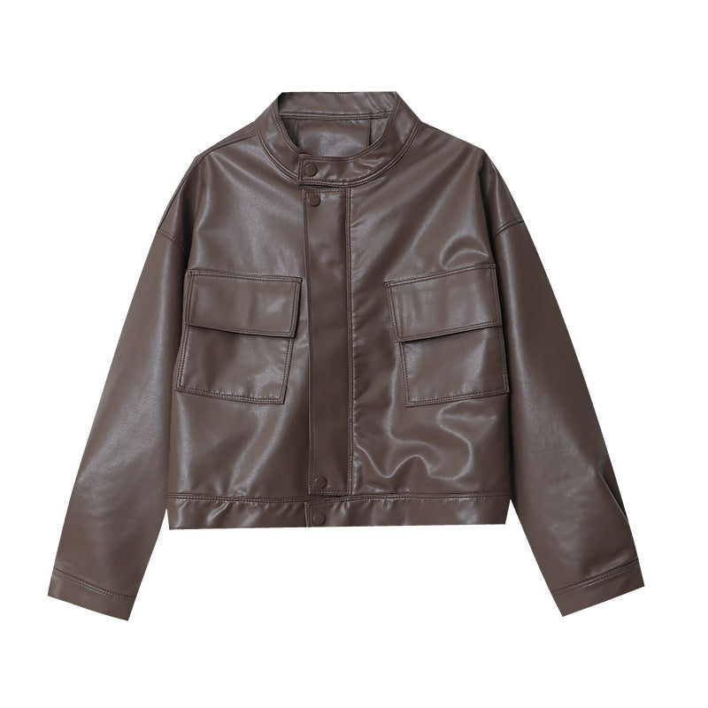 Damen Kunstlederjacke Sportlicher Schnitt Mit Taschen Eveloria