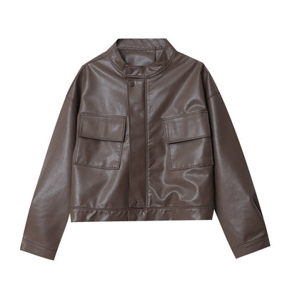 Damen Kunstlederjacke Sportlicher Schnitt Mit Taschen Eveloria