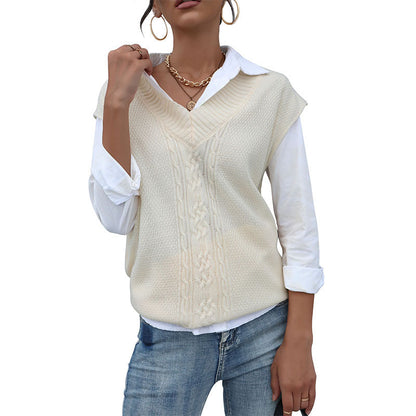 Damen Strickweste V-Ausschnitt Zopfmuster Beige
