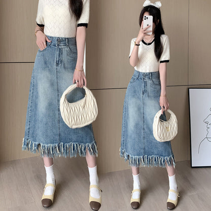 Damen Denim Midi-Rock Fransiger Saum Blau Eveloria - Eveloria
