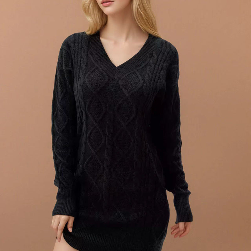 Damen Strickkleid V-Ausschnitt Strukturiert Anthrazit
