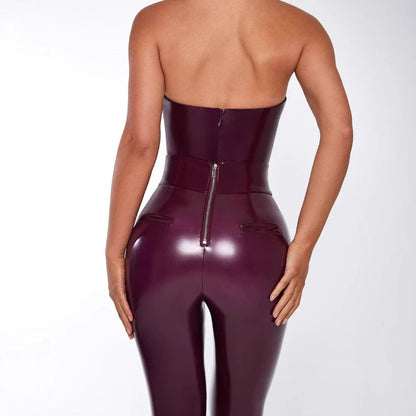 Damen Jumpsuit Glanzstoff V-Ausschnitt Schlank Eveloria