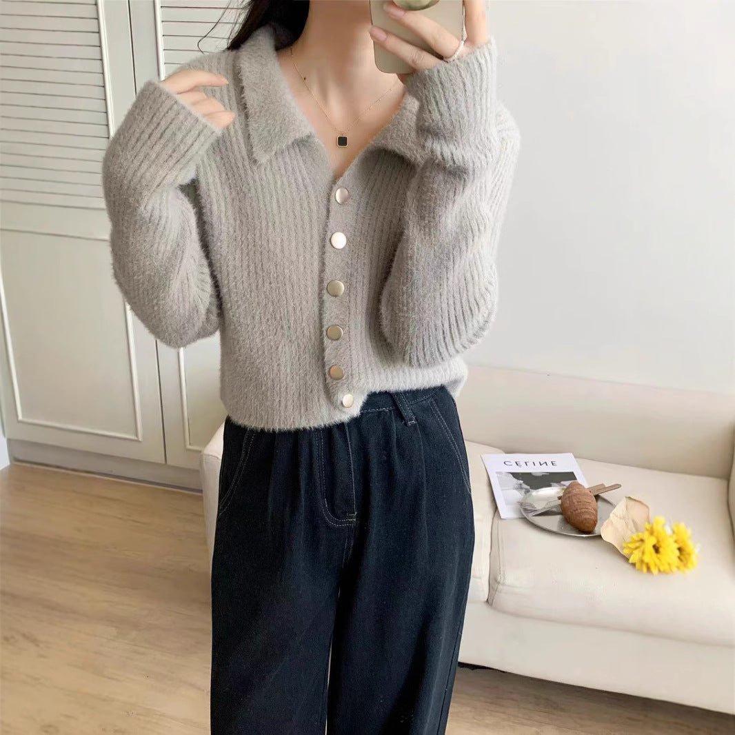 Damen Kurzstrickjacke V-Ausschnitt mit Knöpfen
