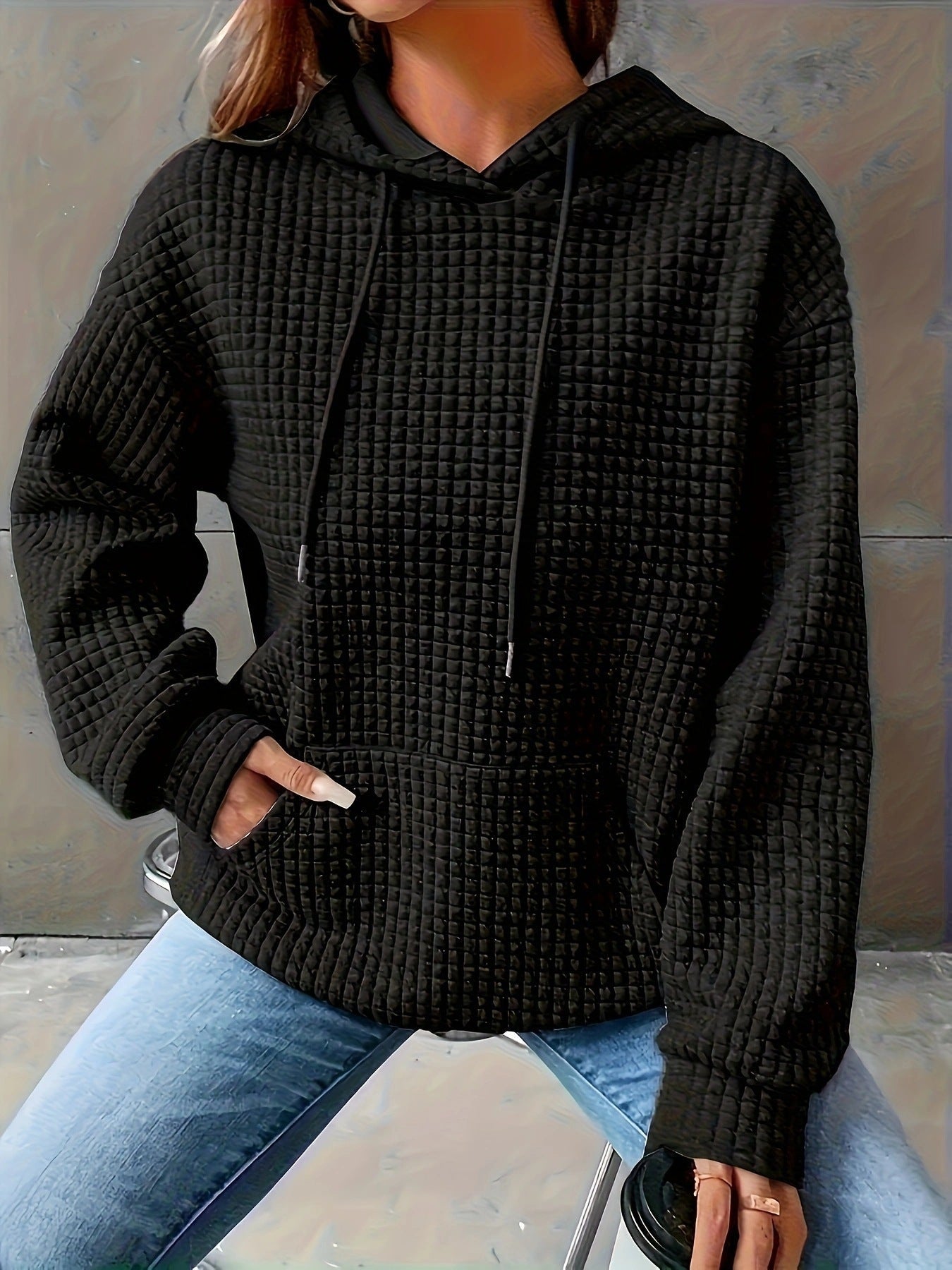 Damen Kapuzenpullover Strukturiertes Waffelmuster Mit Taschen