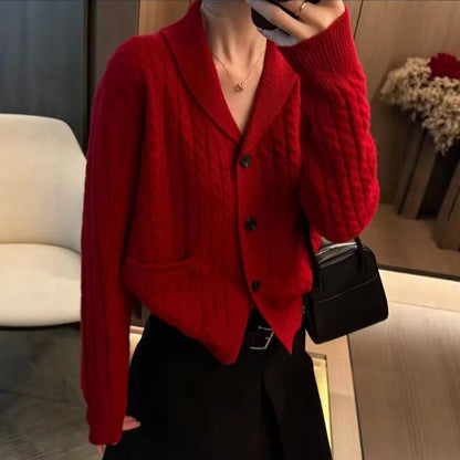 Damen Strickjacke Zopfmuster Aufgesetzte Taschen Eveloria