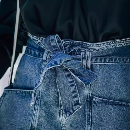 Damen Hochwaist Jeans Shorts abnehmbarer Gürtel Blau
