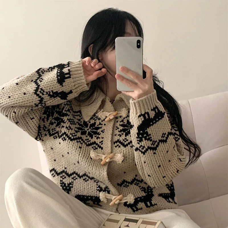 Damen Strickjacke Tiermotiv Hochwertig Holzknöpfe Beige