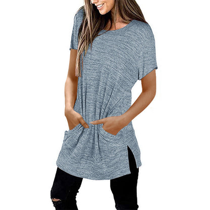 Damen Langarm-Tunika mit Seitentaschen Asymmetrischer Saum