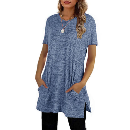 Damen Langarm-Tunika mit Seitentaschen Asymmetrischer Saum