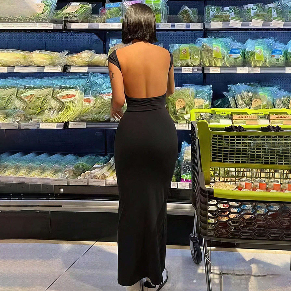 Damen Maxikleid Elegant Rückenausschnitt Figurbetont Schwarz Eveloria - Eveloria