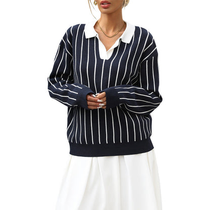 Damen Sportpullover Kontraststreifen Klassischer Kragen Eveloria