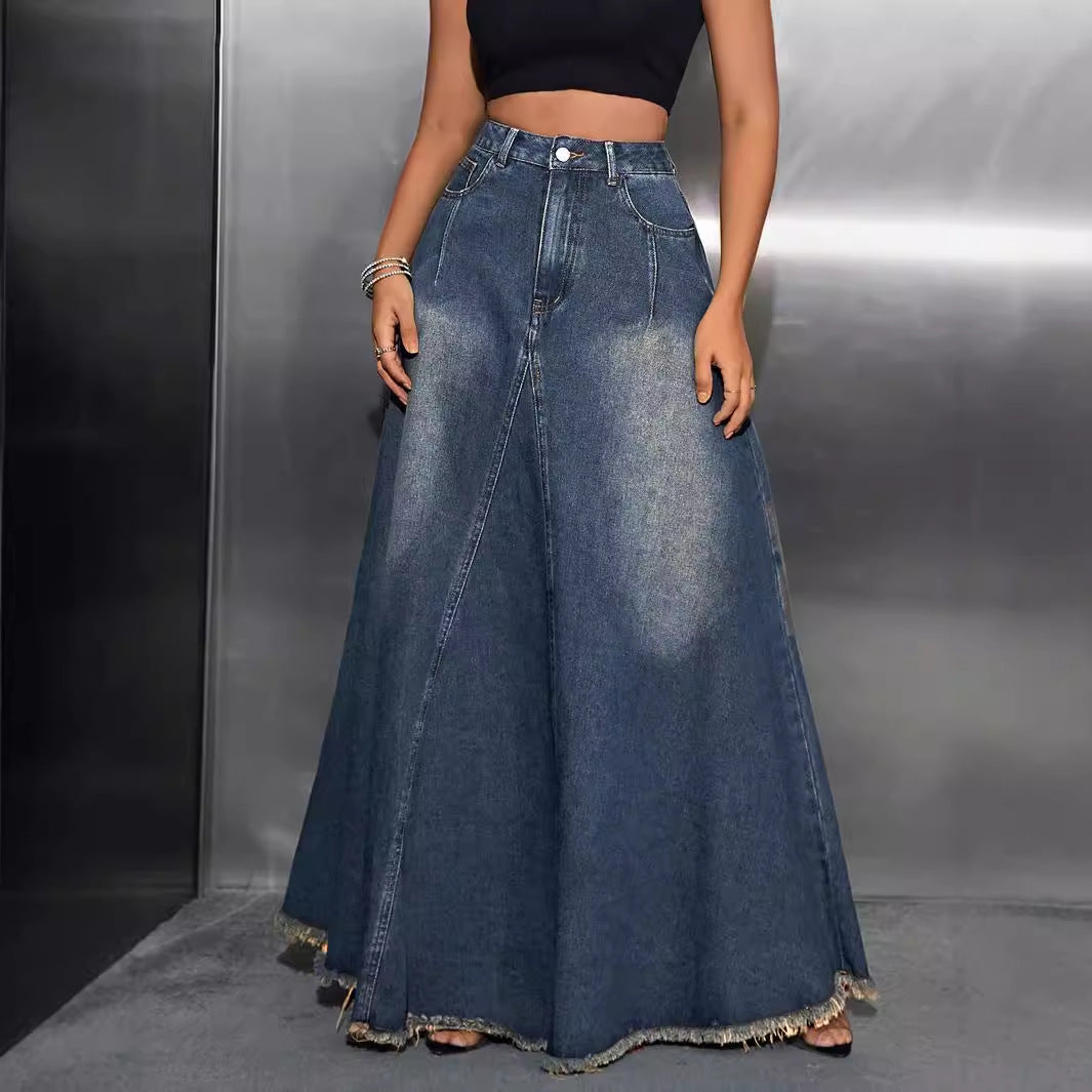 Damen Jeans Maxirock Hohetaille Fransensaum Darkblue Eveloria