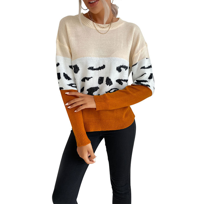 Damen Strickpullover Farbblock-Design Tiermuster