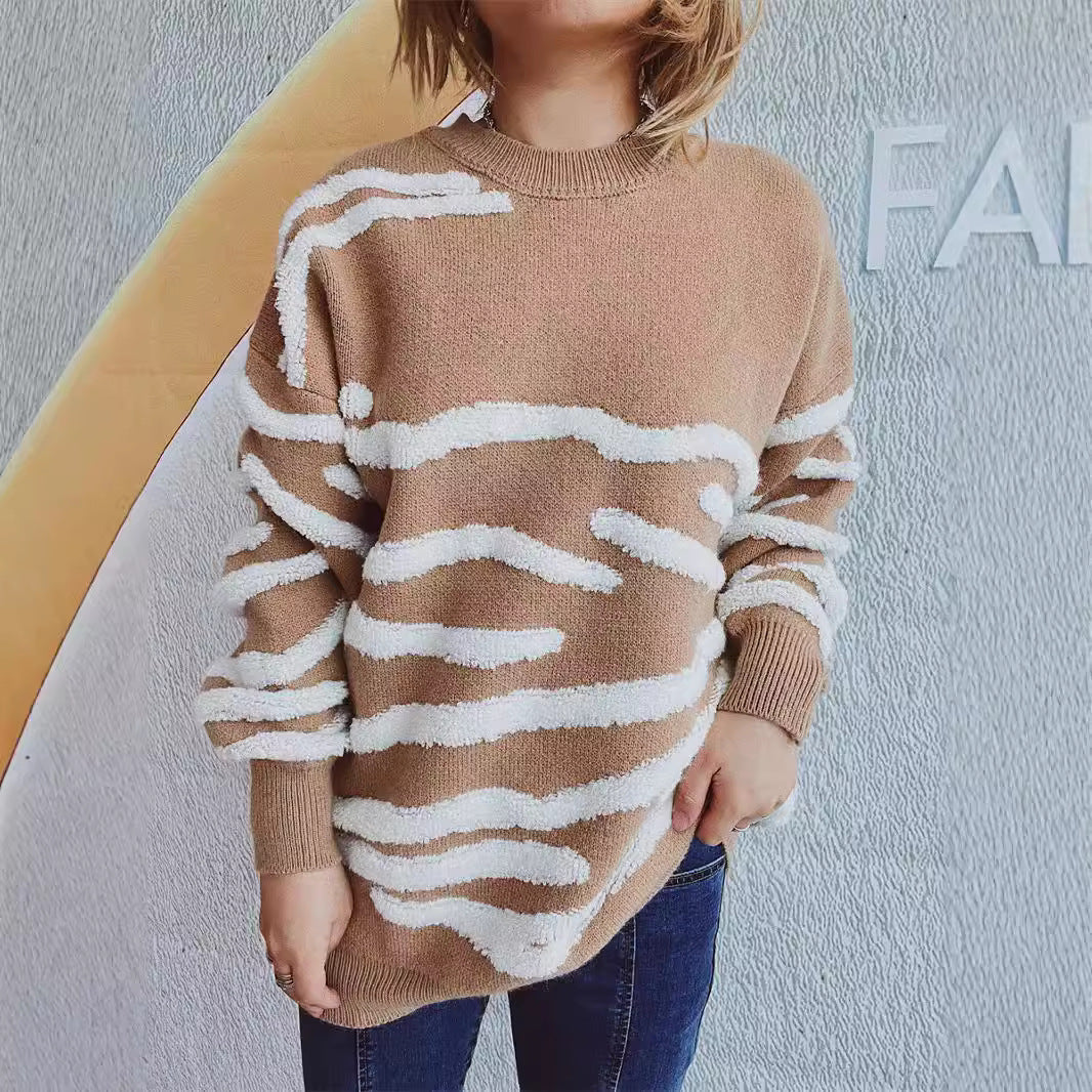 Damen Strickpullover Zebramuster Baumwolle Beige - Eveloria