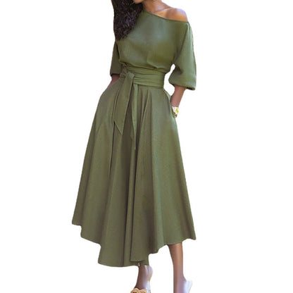 Damen Maxi-Kleid Asymmetrisch Mit Taschen Eveloria