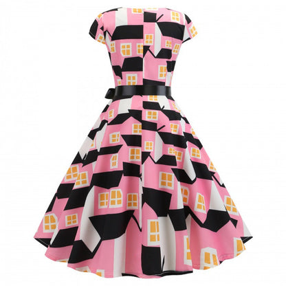 Damen Swingkleid Häuserdruck schmal Taillengürtel