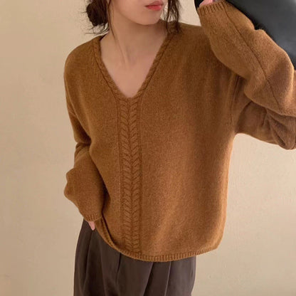 Damen Pullover V-Ausschnitt Feines Zopfmuster Eveloria