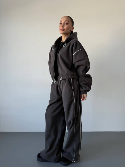 Damen Fleece-Set mit Kapuze Elastischer Bund Grau