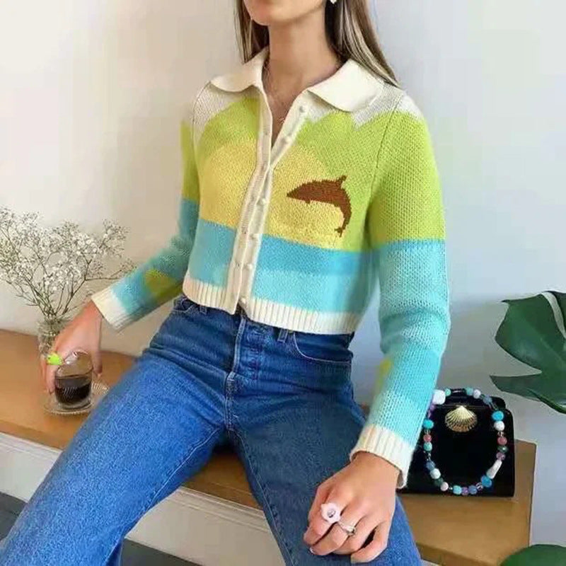 Damen Strickjacke Delfin-Design Knöpfer Kragen Blau - Eveloria
