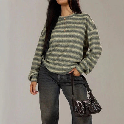 Damen Strickpullover Kuschelfleece Streifenmuster Beige