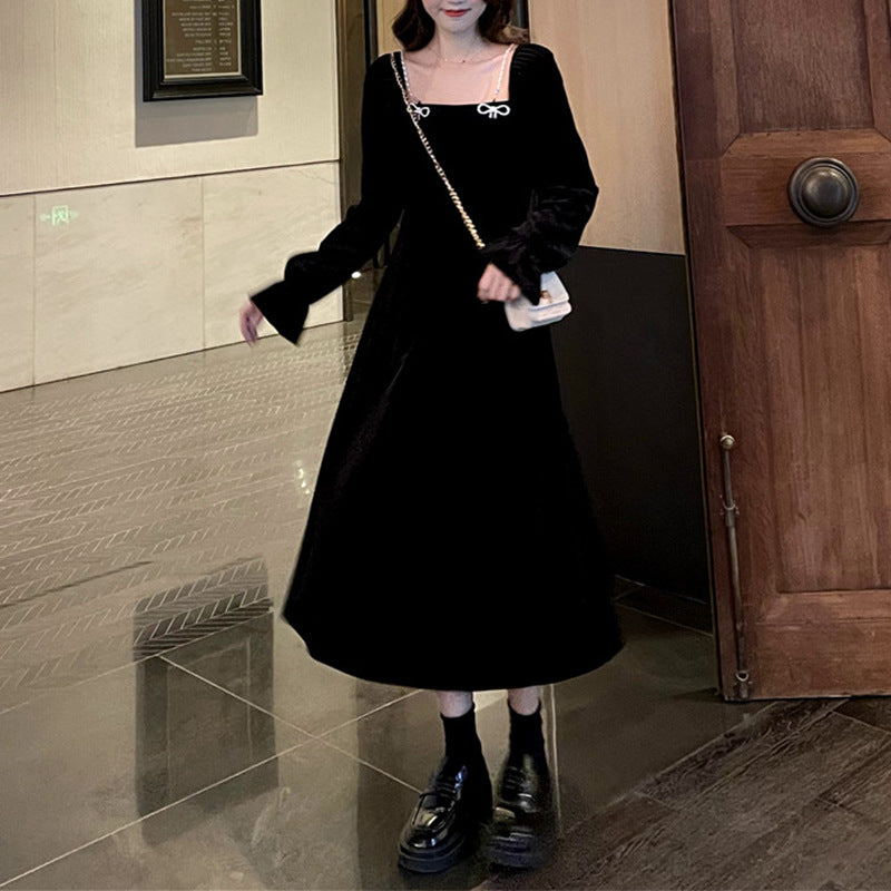 Damen Maxikleid Samt Rüschendetails Schwarz Eveloria - Eveloria