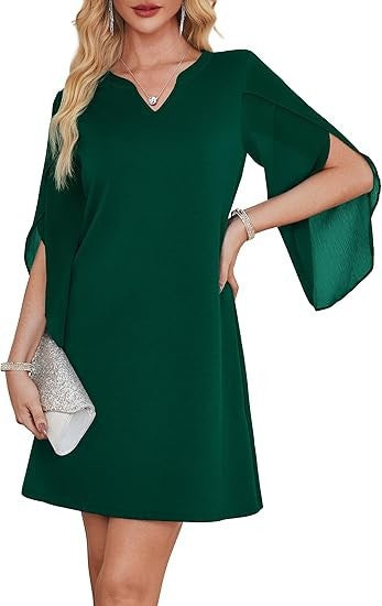 Damen V-Ausschnitt Kleid transparente Ärmel Eveloria