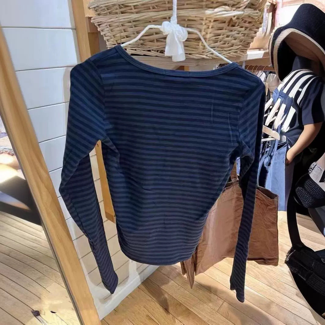 Damen Langarm Henley-Shirt Feinestreifen Eveloria