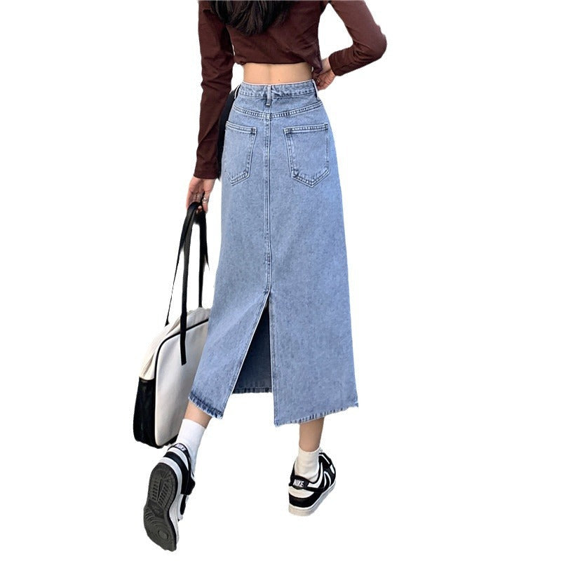 Damen Maxi Denimrock Hochtaillierter Bund Seitenschlitz Blau