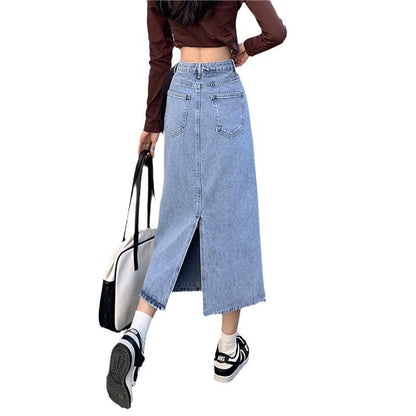 Damen Maxi Denimrock Hochtaillierter Bund Seitenschlitz Blau