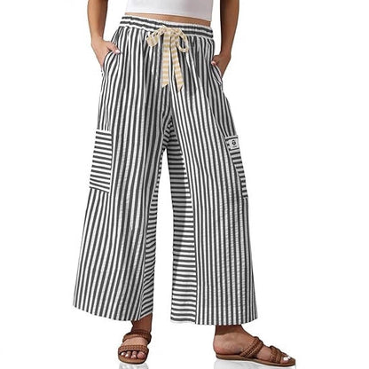 Damen Palazzo-Hose Gestreift Bequem Mit Taschen weiß