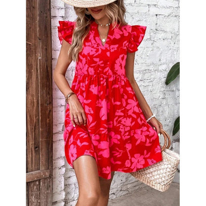 Damen Blumenkleid Sommer V-Ausschnitt Rüschen Elegant