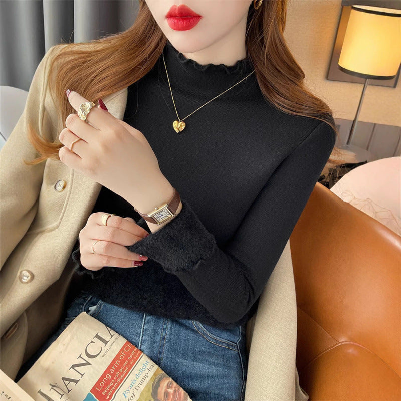 Damen Langarmshirt Rüschensaum Elegantes Design Weiß