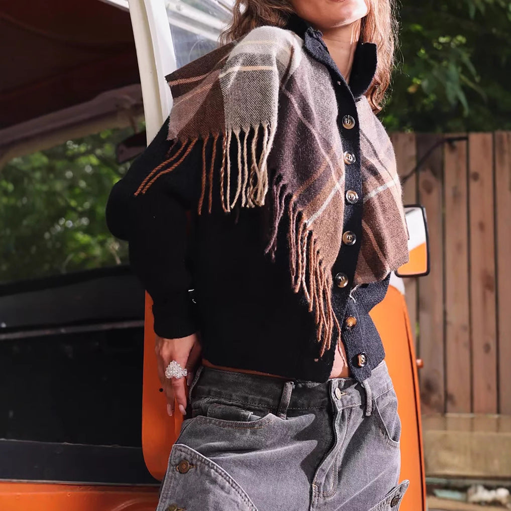 Damen Strickweste Karomuster Dekorativ Knöpfe Beige